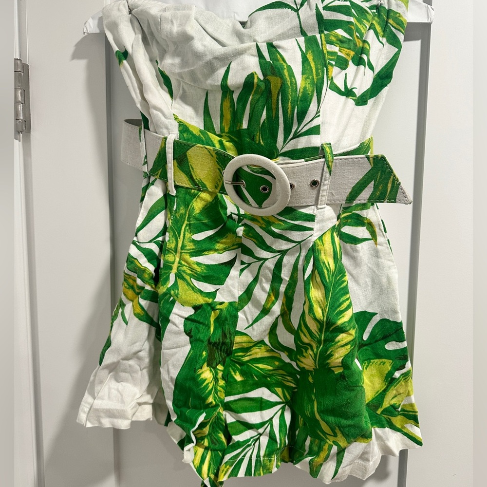 Olivaceous Green and White Tropical Strapless Romper with Belt